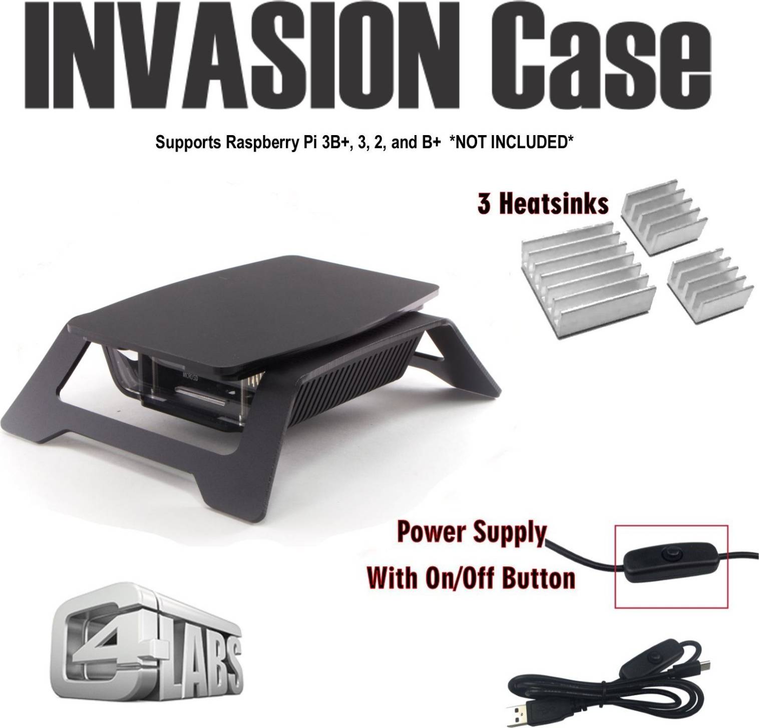 C4Labs Invasion Case for Raspberry Pi 3B+ with Power Cord, Heatsinks, Fan