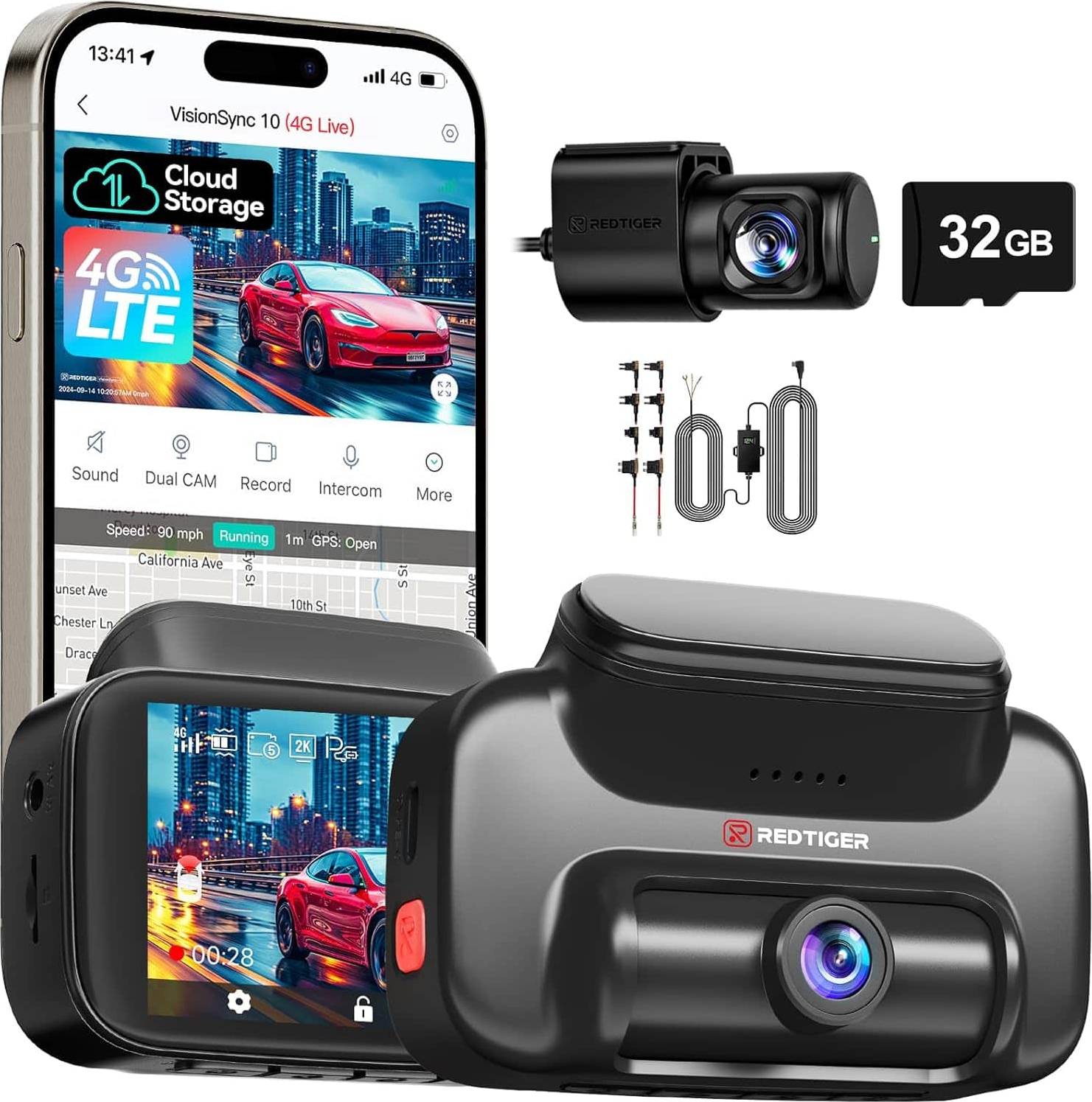 Dash camera front and rear Redtiger RTVS10TL 4G Dash Cam Front Rear Rear