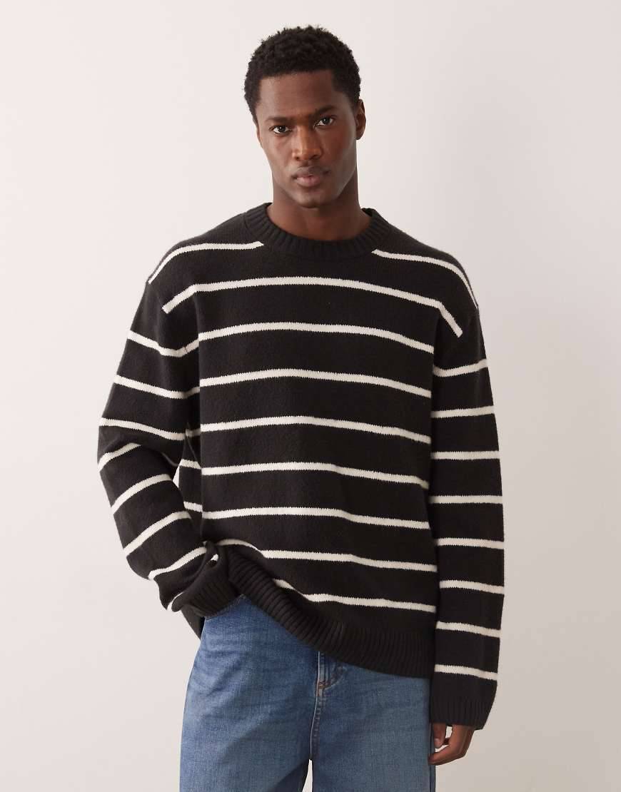 Sweater Rund Hals Striber Bomuld - Sort