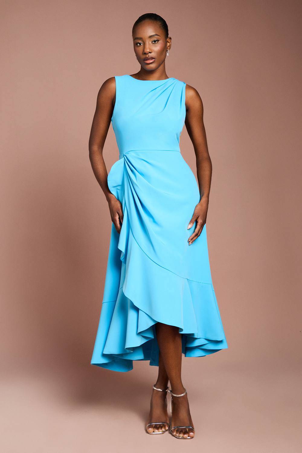 Coast Crepe Ruffle Dress With Low Back - Blue