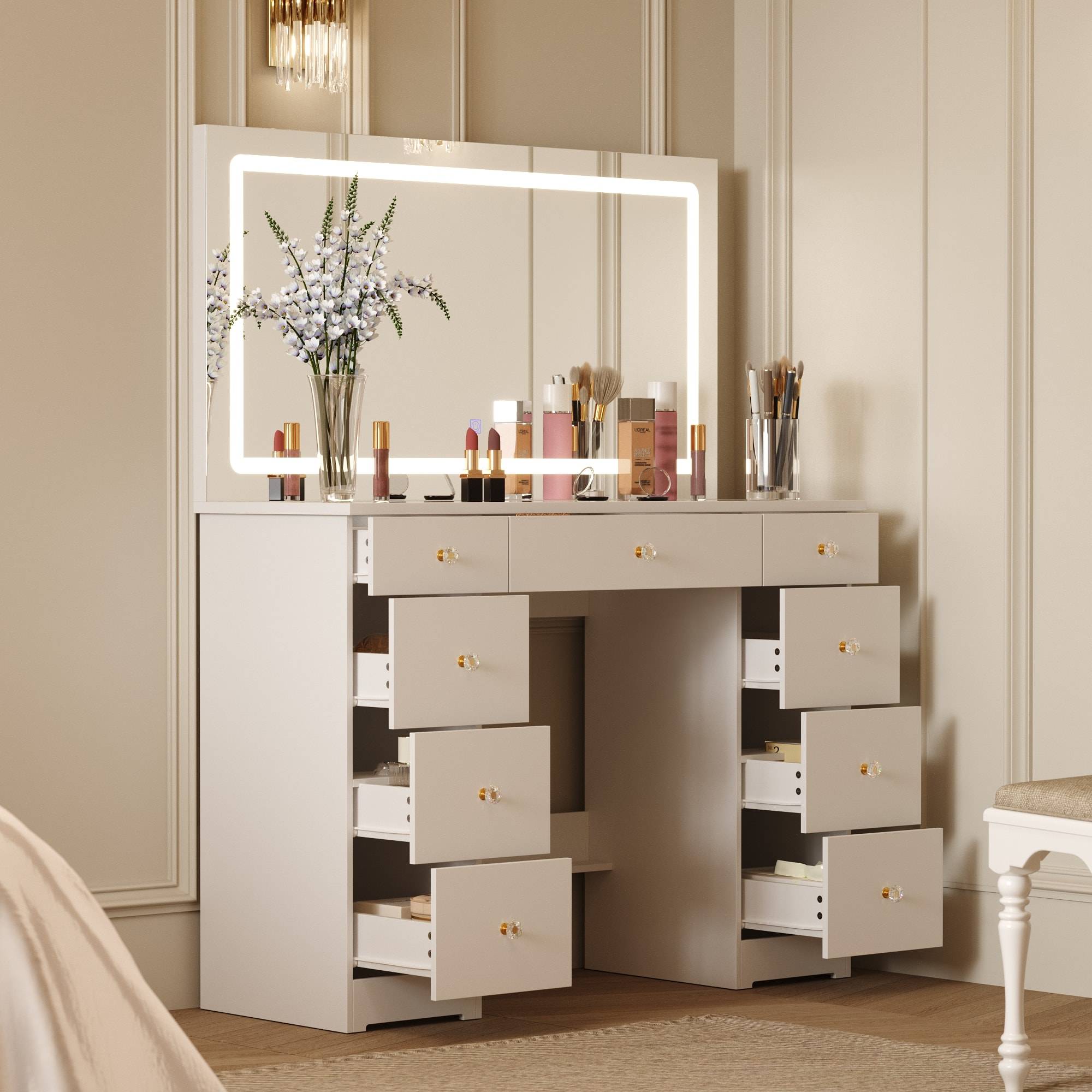Large makeup vanity FAMAPY Large 3 Color Lighting LED Vanity Desk Dressing Table