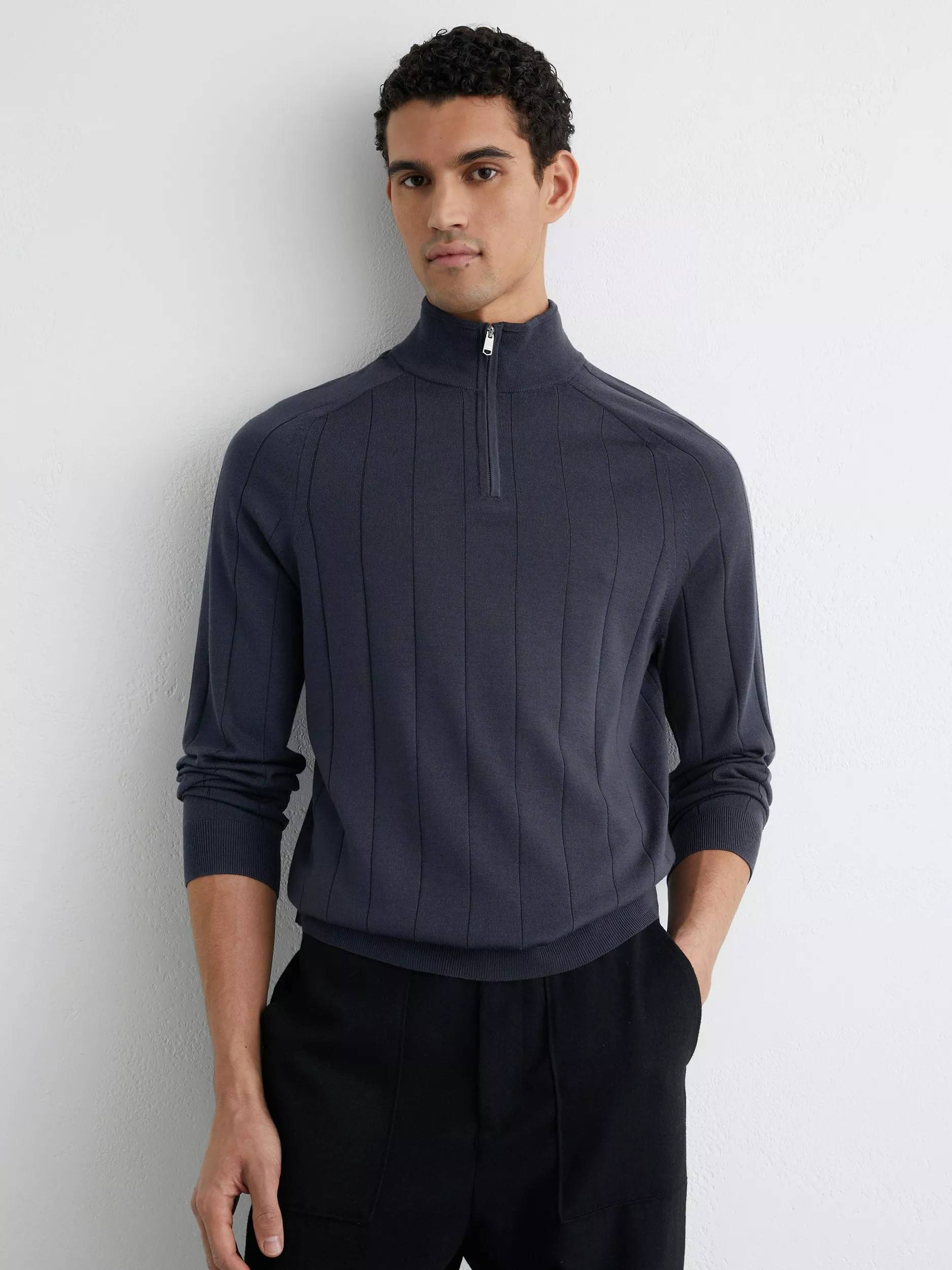 Half Zip Funnel Wide Rib Merino Wool Jumper - Blue