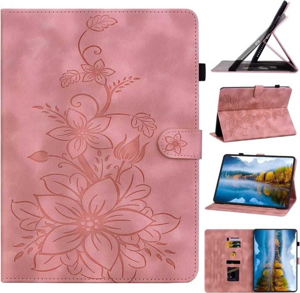 Pink PU Leather Embossed Flower Foldable Case