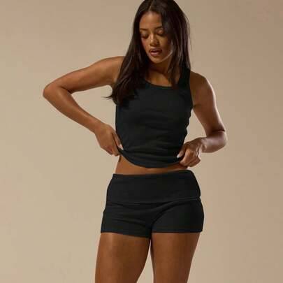 Shein Rib Fold Over Waist Mini Shorts Basic Spring Summer Vacation