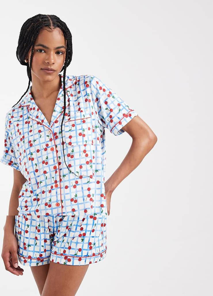 Threadbare Button Down Super Soft Short Pyjama Set Cherry Print - Blue Gingham