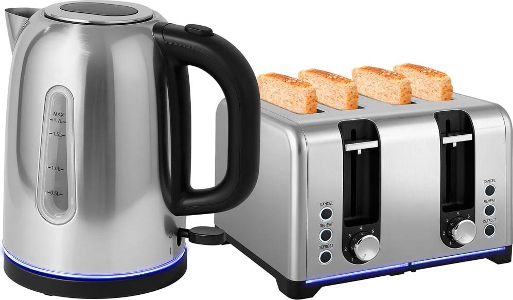 Homcom Silver Tone 1.7L Kettle 4 Slice Toaster Set