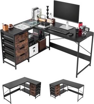 Corner desk with drawers VEVOR L-Shaped Computer 59 Inch Reversible Corner Writing Desk