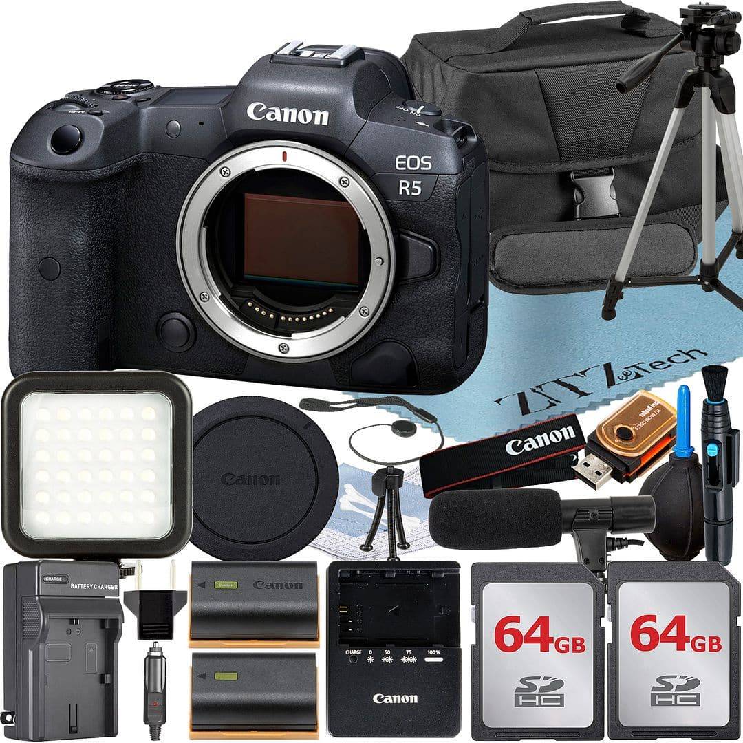 Canon eos r5 mirrorless camera Canon EOS R5 Mirrorless Camera 2x 64GB Card Flash ZeeTech Bundle