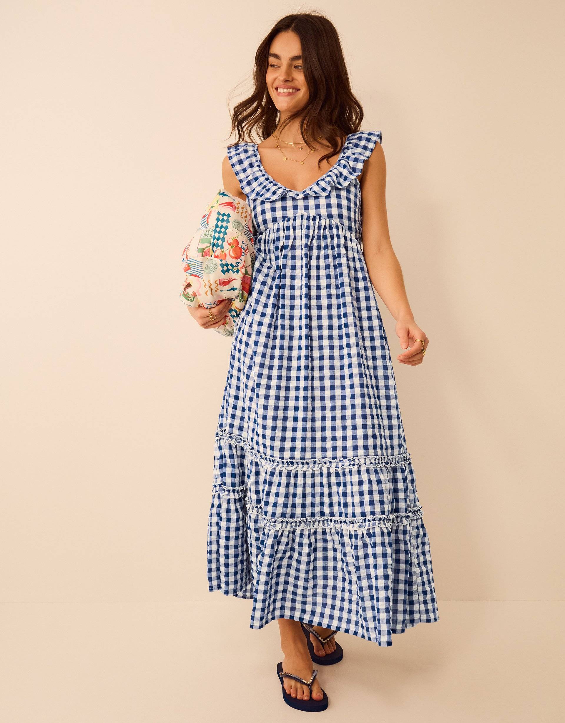 Accessorize Gingham Print Ruffle Midi Dress - Blue