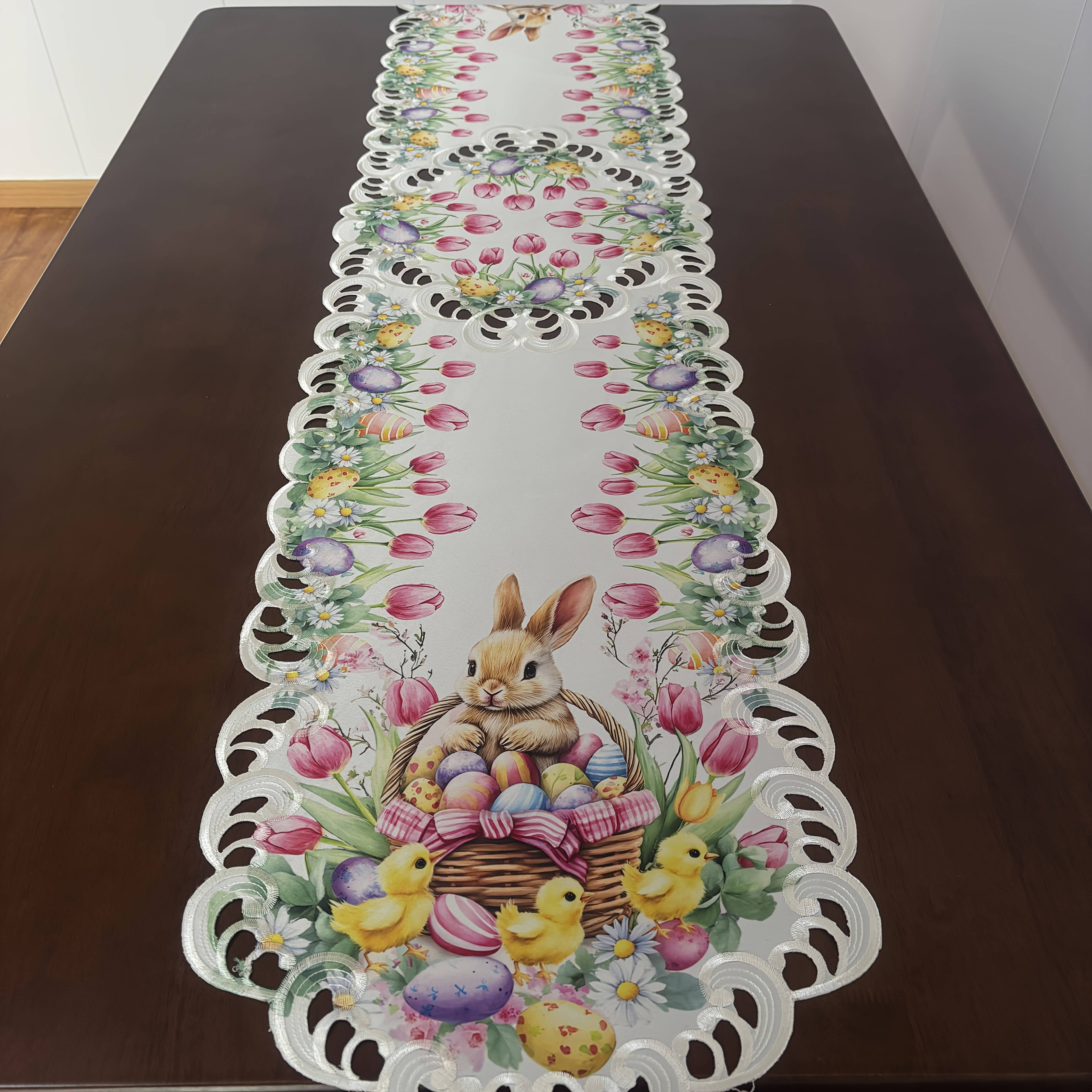 Temu Spring Easter Flower Rabbit Table Runner Tablecloth