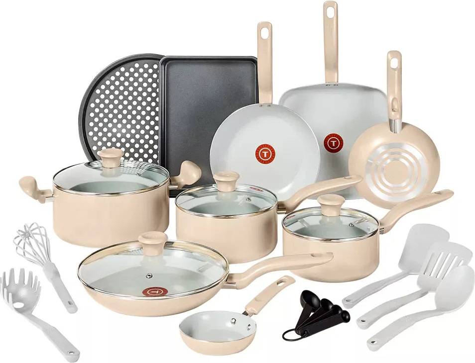 T fal ceramic cookware set T-fal 20pc Ceramic Nonstick Beige Cookware Set