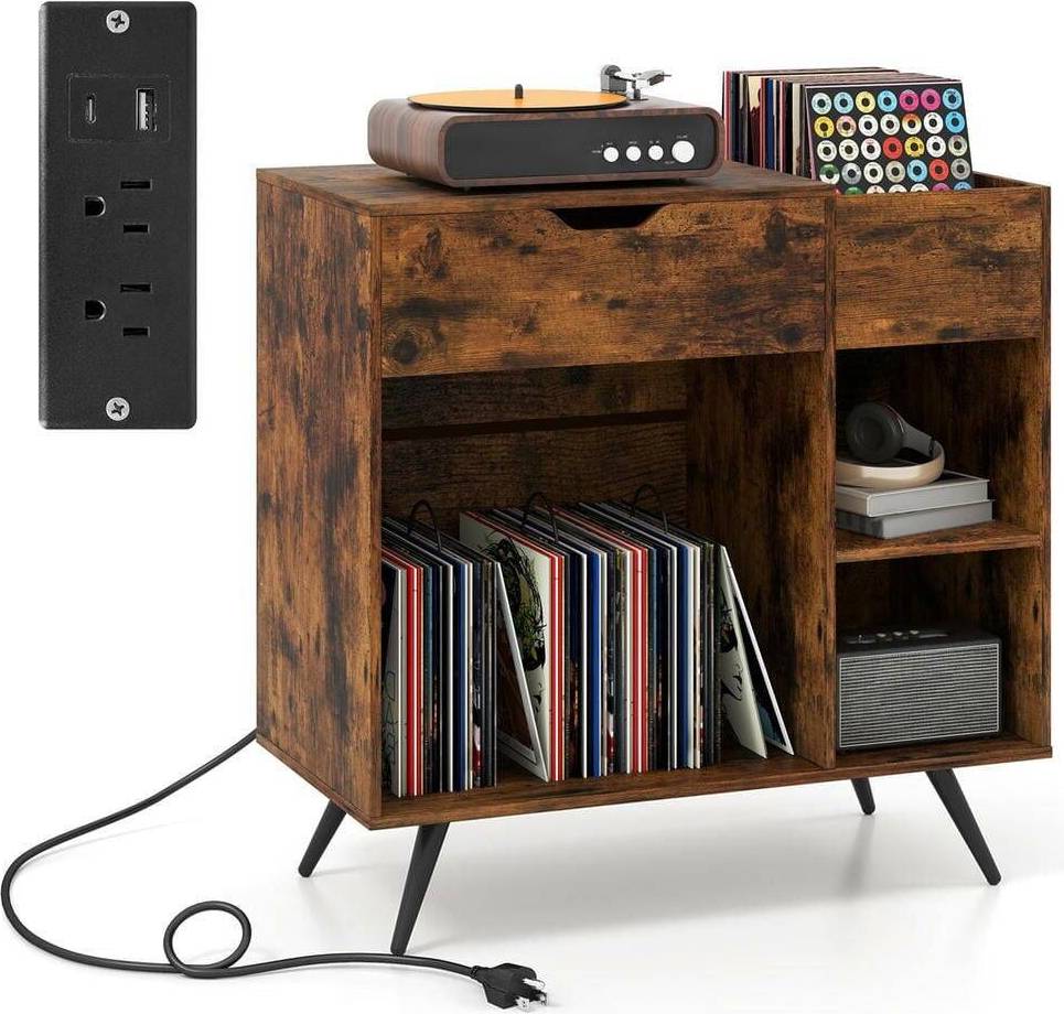 Turntable stand with storage Turntable Stand Built-In Electrical Power Outlet