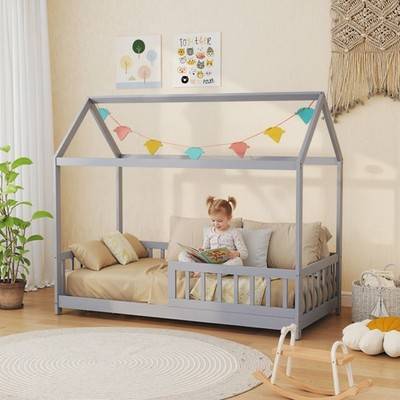 Homcom House-Shaped Kids Bed Frame With Guard Rails