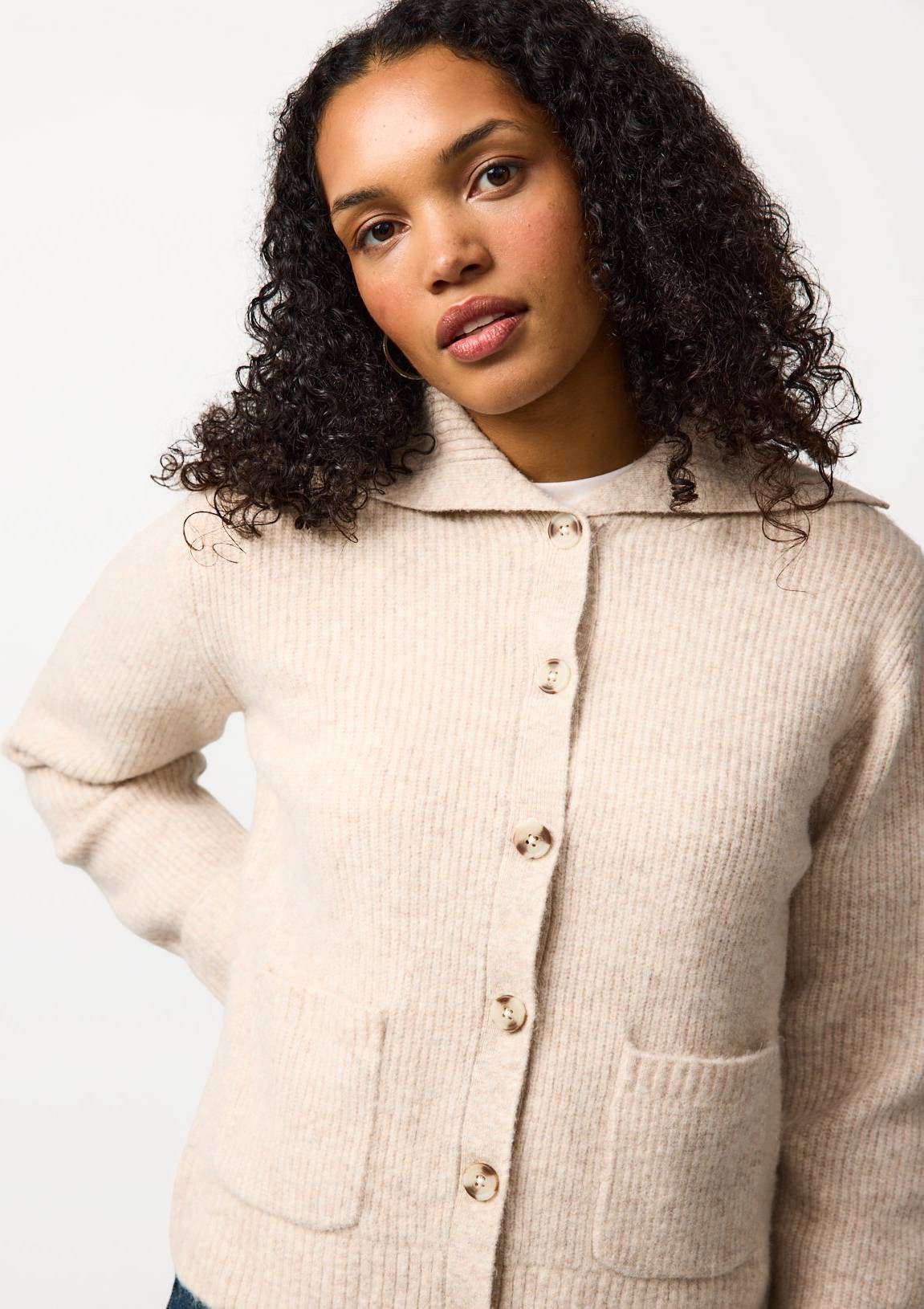 Tu Oatmeal Ribbed Collared Fisherman Cardigan