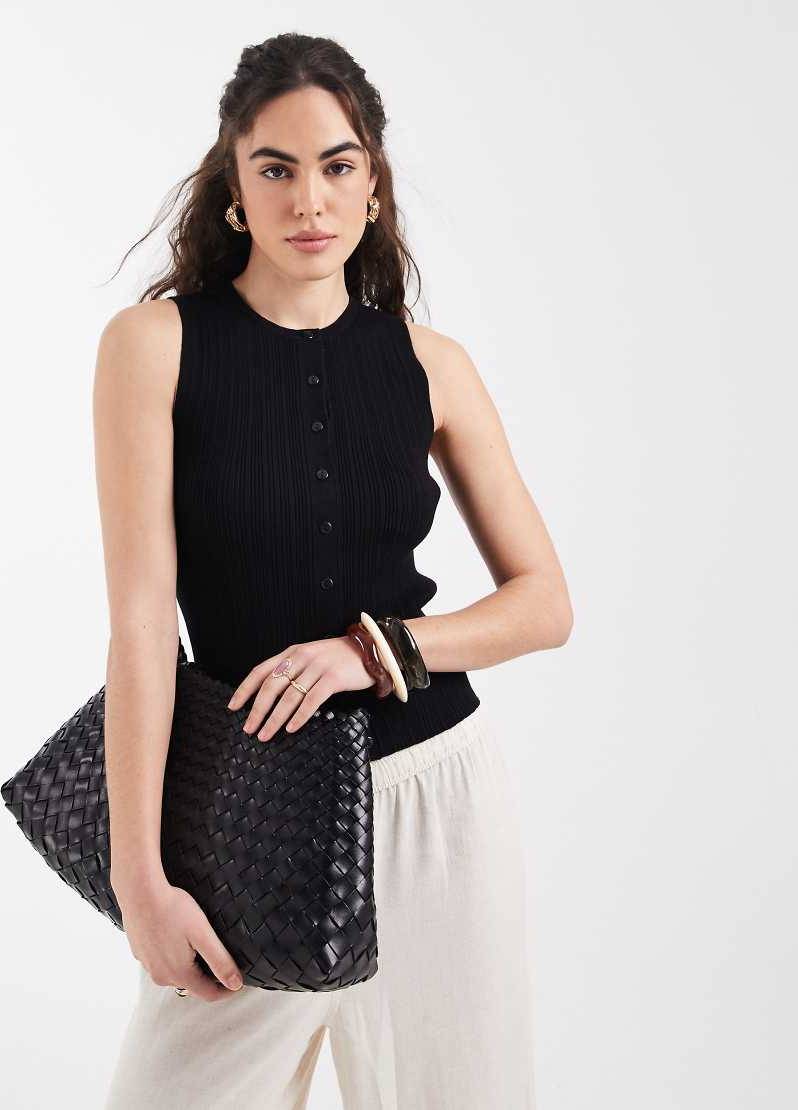 New Look Lightweight Rib Button Vest - Black