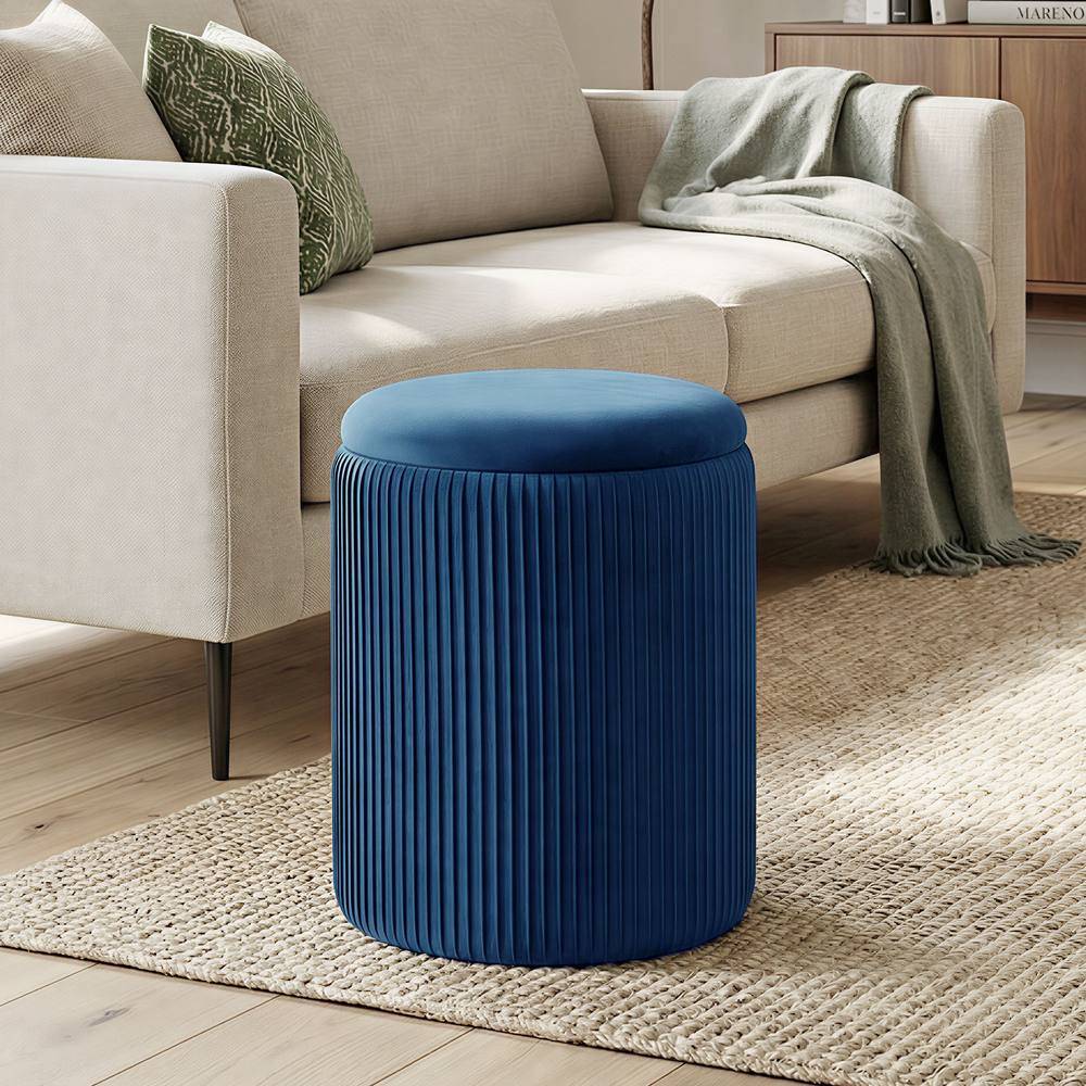 Homcom Round Ottoman Removable Top Blue Storage Bench