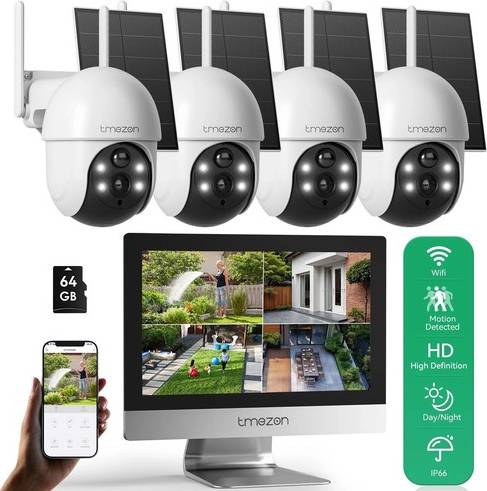 Wireless home security system Tmezon Wireless 10ch NVR 12 Monitor Solar Battery Camera System