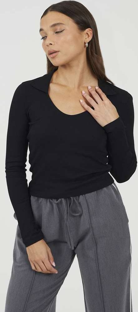 Brave Soul Ribbed V-Neck Collared Top - Black