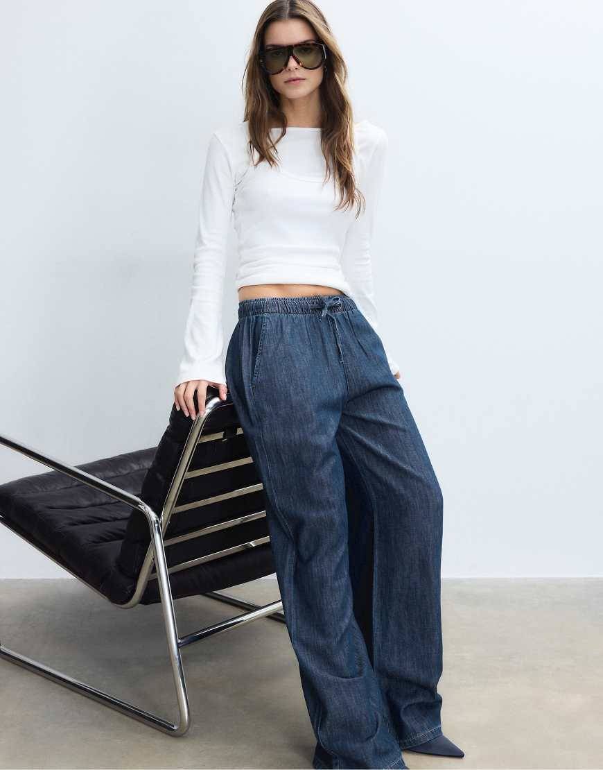 Stradivarius Flowy Denim Drawstring Trousers - Rinse Blue