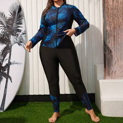 Shein Summer Beach Patchwork Printed Zip Front Rashguard Set
