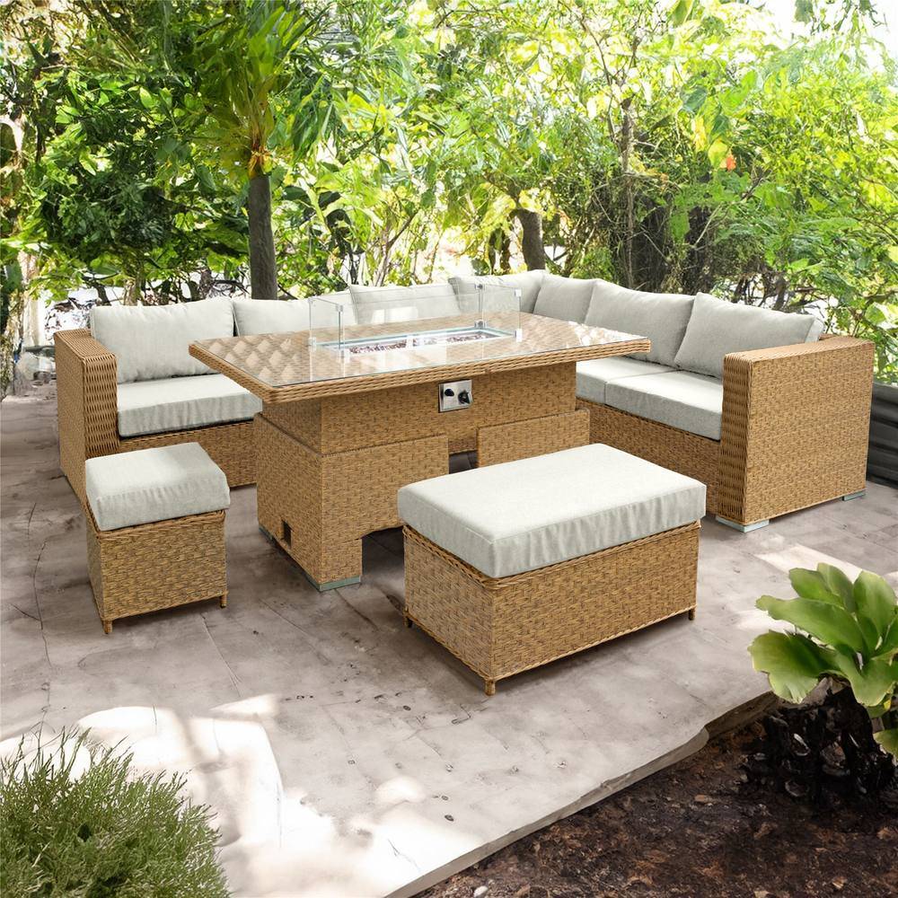 Buxton Rattan 9 Seat Rising Firepit Corner Mixed Brown