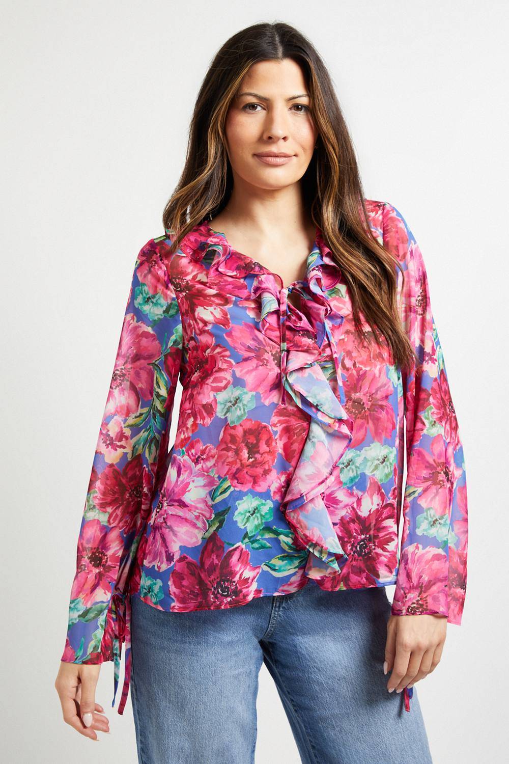 Wallis Floral Double Ruffle Blouse - Blue