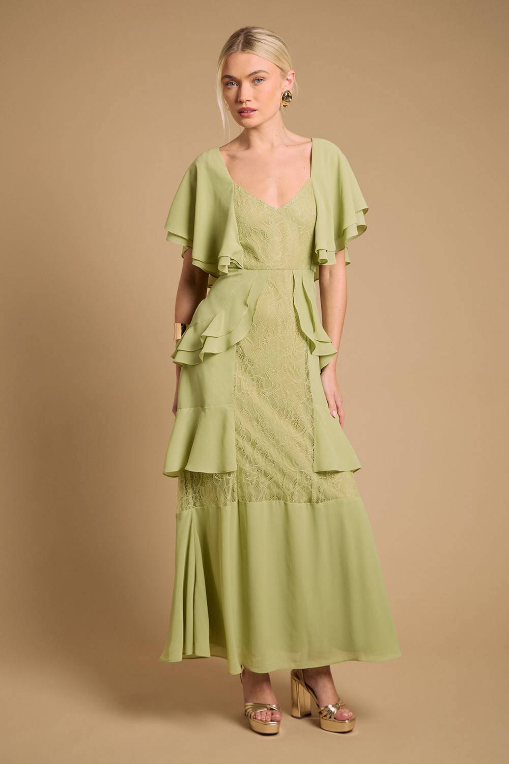 Oasis Lace Panel Ruffle Maxi Dress - Green