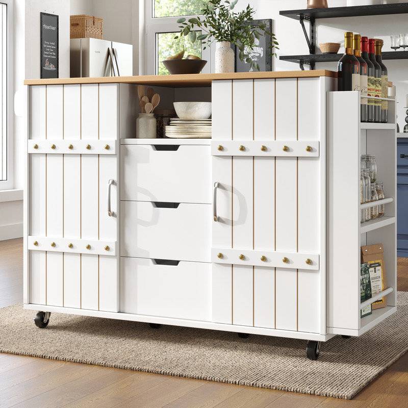 White kitchen island Ebern Designs White Kitchen Island Cart Workbench Spice Rack Towel Rack Sliding Door Drawers