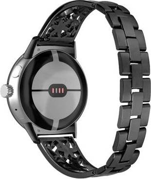 Google Pixel Watch Rhinestone Flower Décor Metal Strap Black