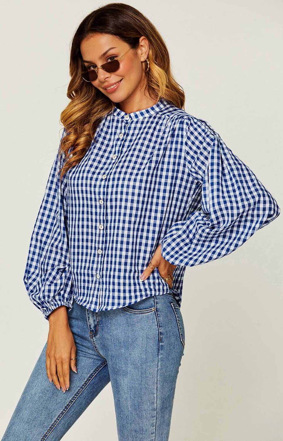 FS Collection Gingham Balloon Sleeve Blouse With Shell Buttons - Blue