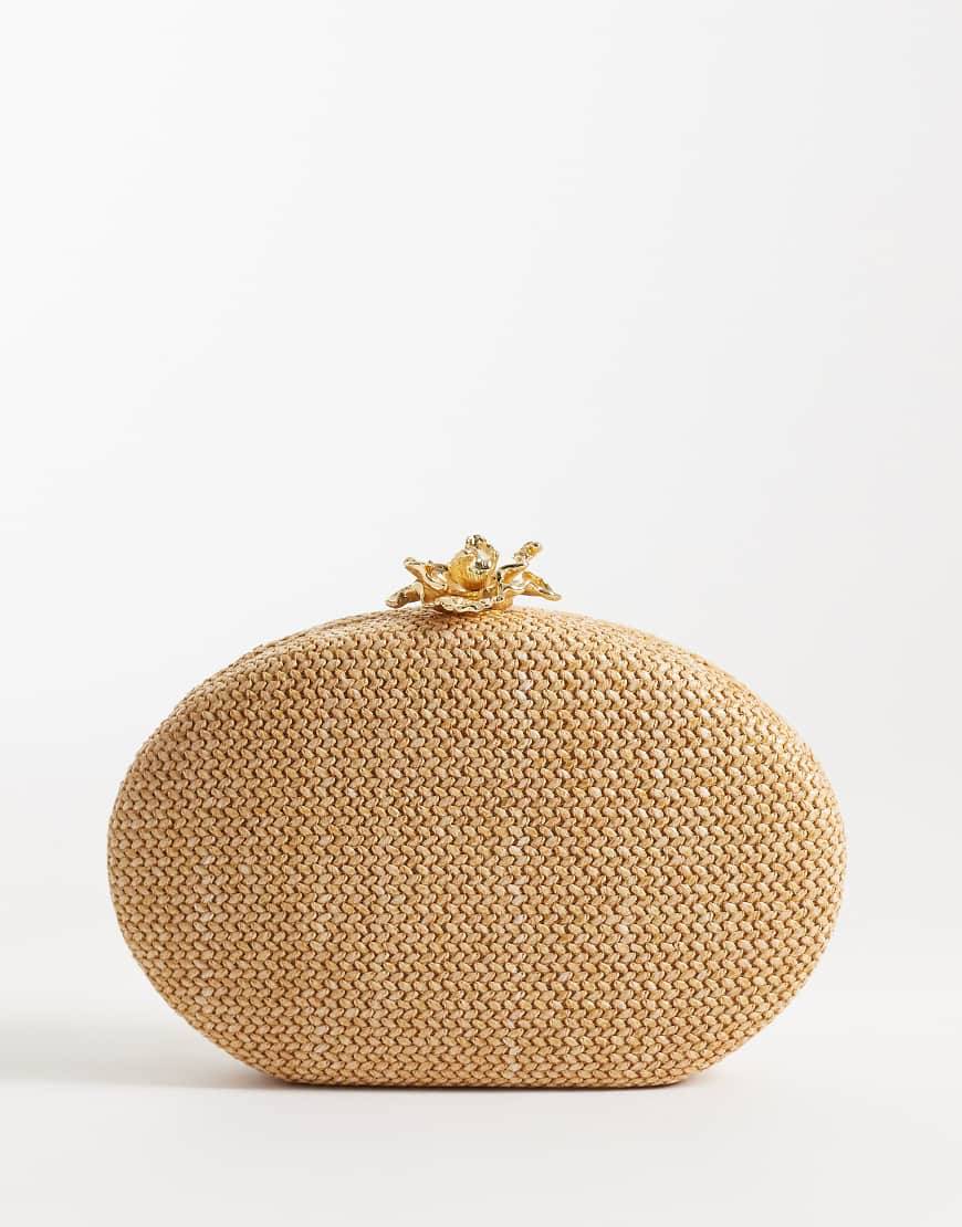 New Look Stone Raffia Flower Clasp Box Clutch - Neutral
