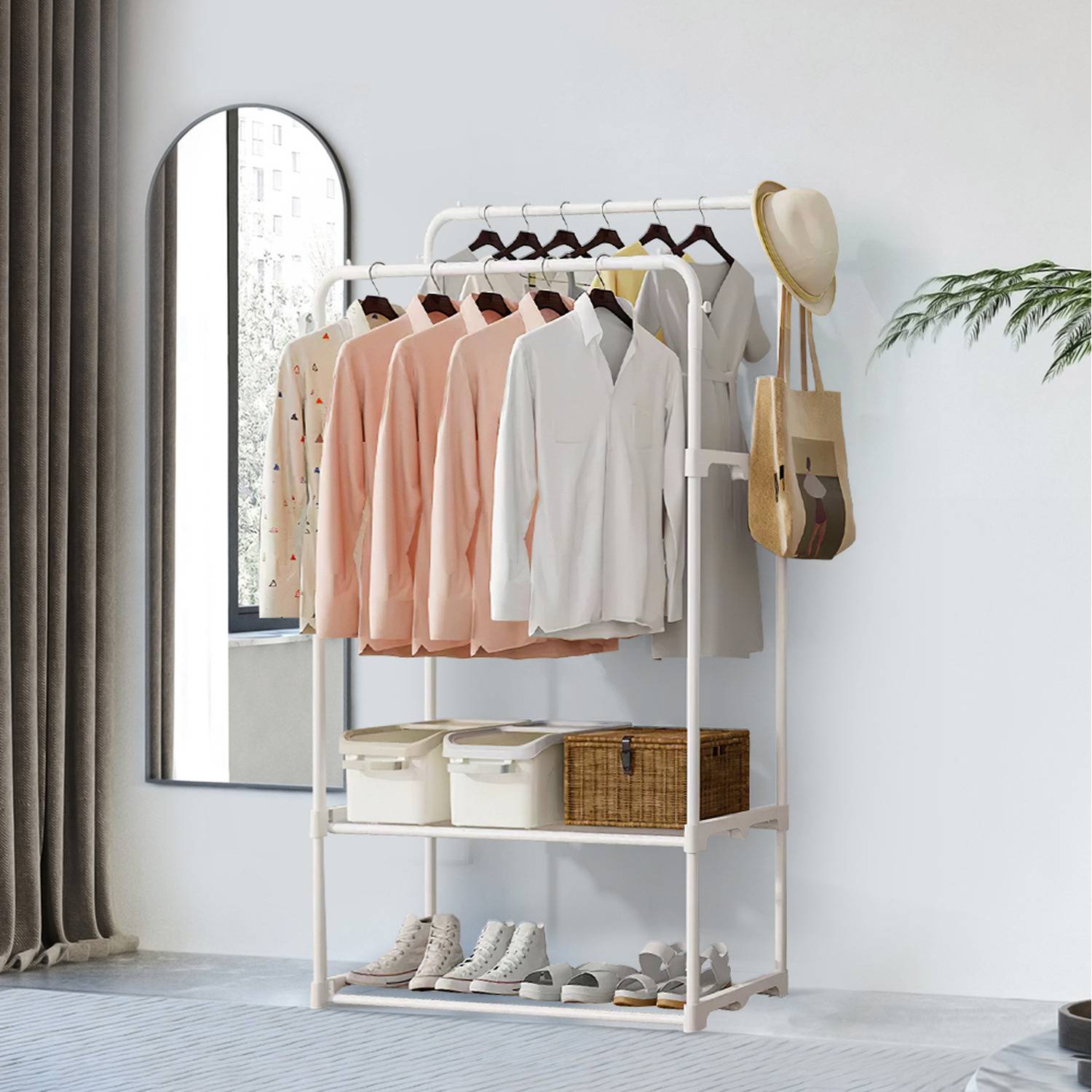 Double Rod Metal White Clothes Rack