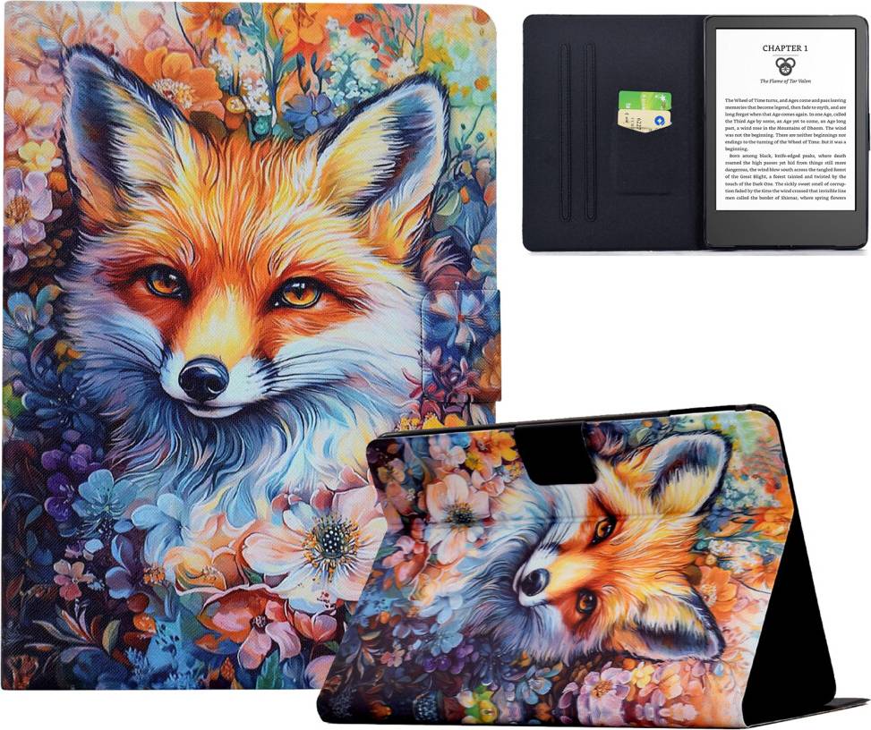 Colorful Fox Pattern Tablet Case with Card Slots and Stand