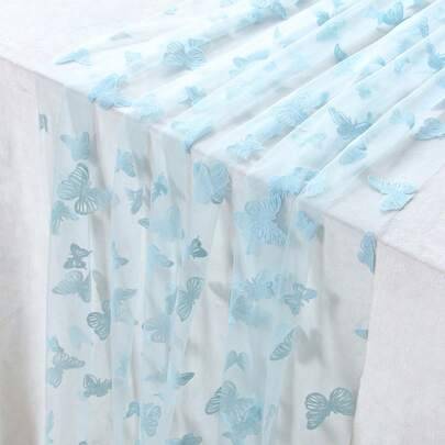Shein Blue Butterfly Pattern Sheer Table Runner Tablecloth