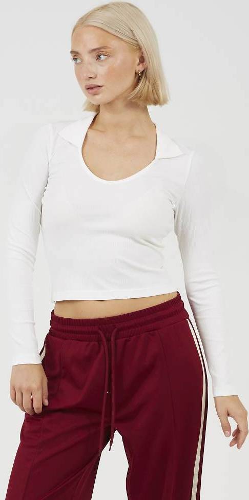 Brave Soul Ribbed V-Neck Collared Top - Cream White