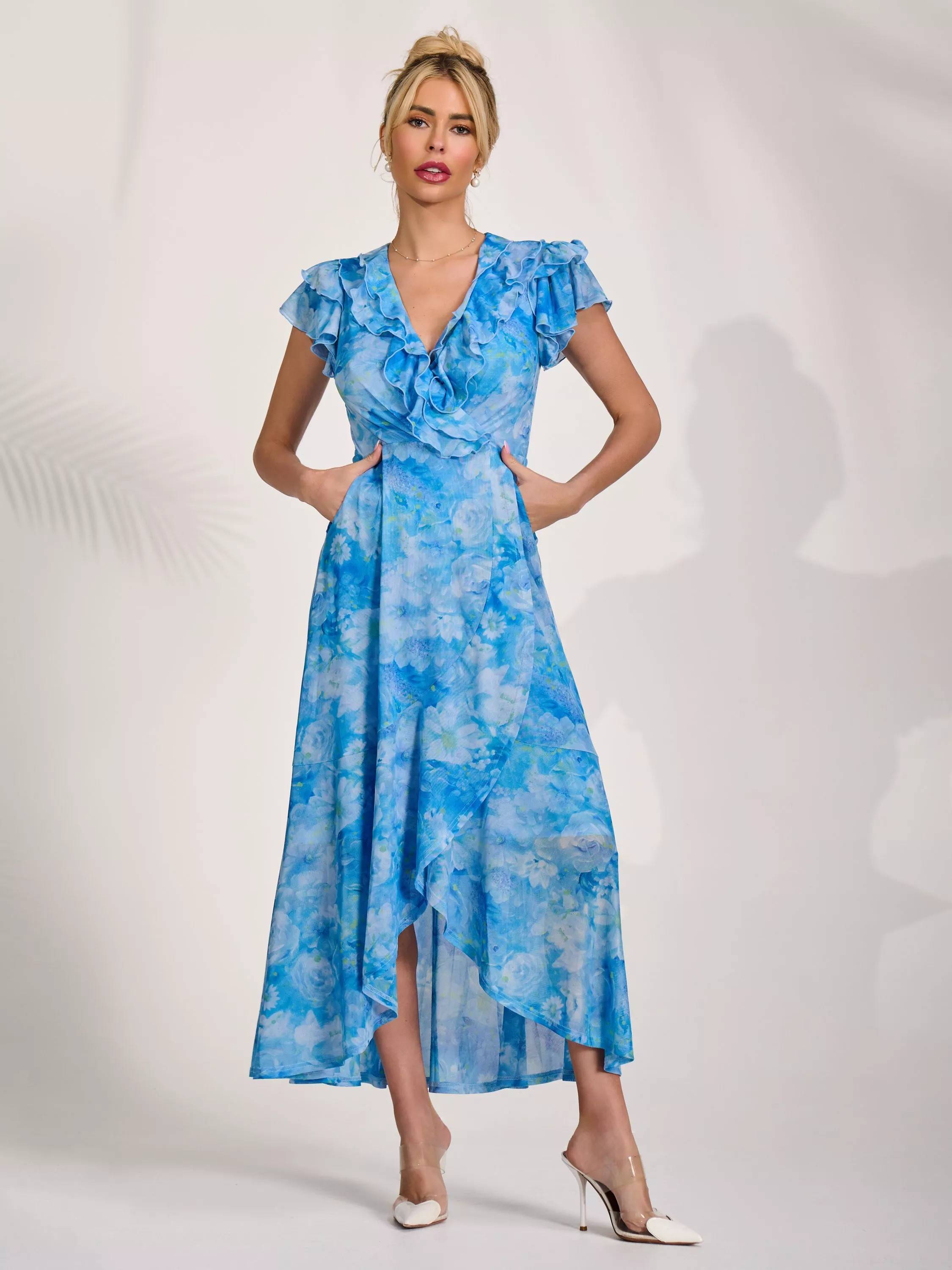 V-Neck Ruffled Mesh Maxi Dress - Blue Floral