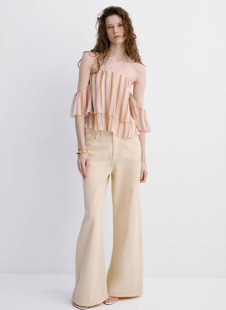 Mango Ruffles Stripe-Patterned Blouse - Beige
