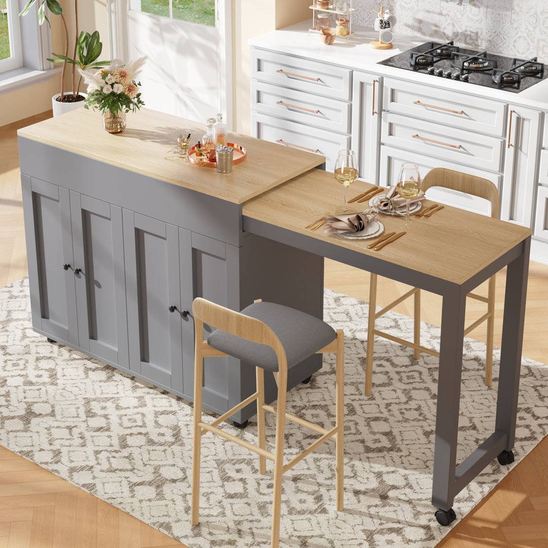 Kitchen island with storage Ebern Designs Extendable Kitchen Island Table With Storage - Grey