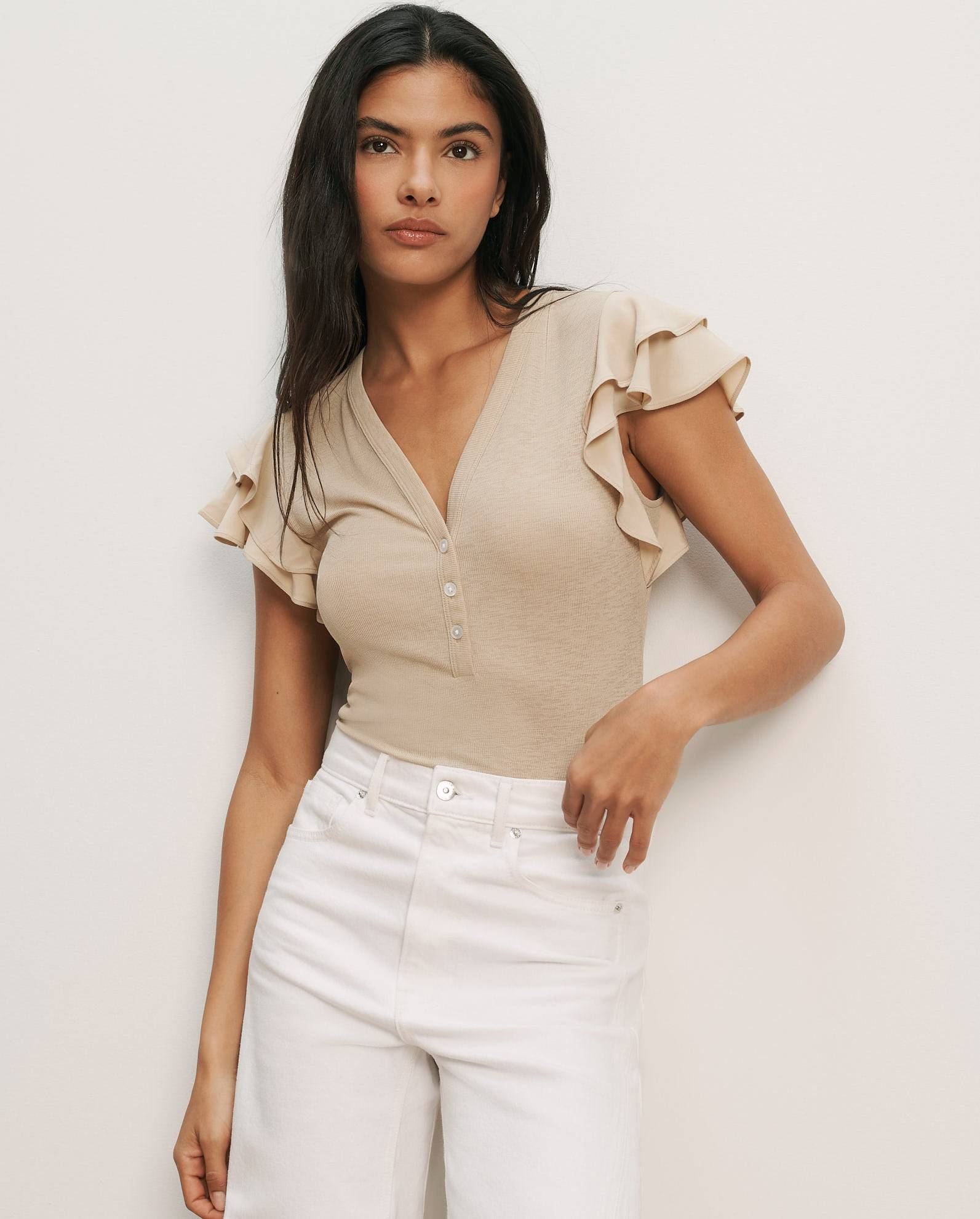 Veronica Beard Aphrodite Ribbed-Knit Ruffled Top - Beige