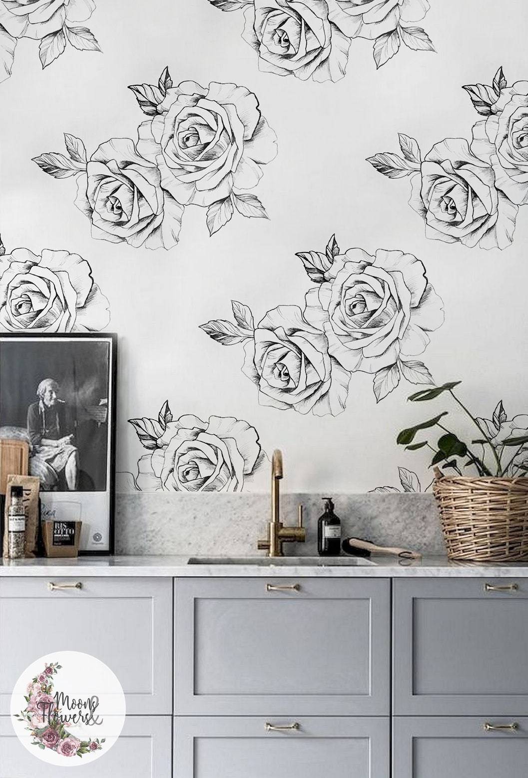Removable wallpaper Etsy Sketched Roses Removable Wallpaper