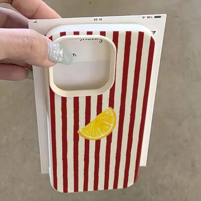 Shein White Red Striped Lemon Pattern Phone Case