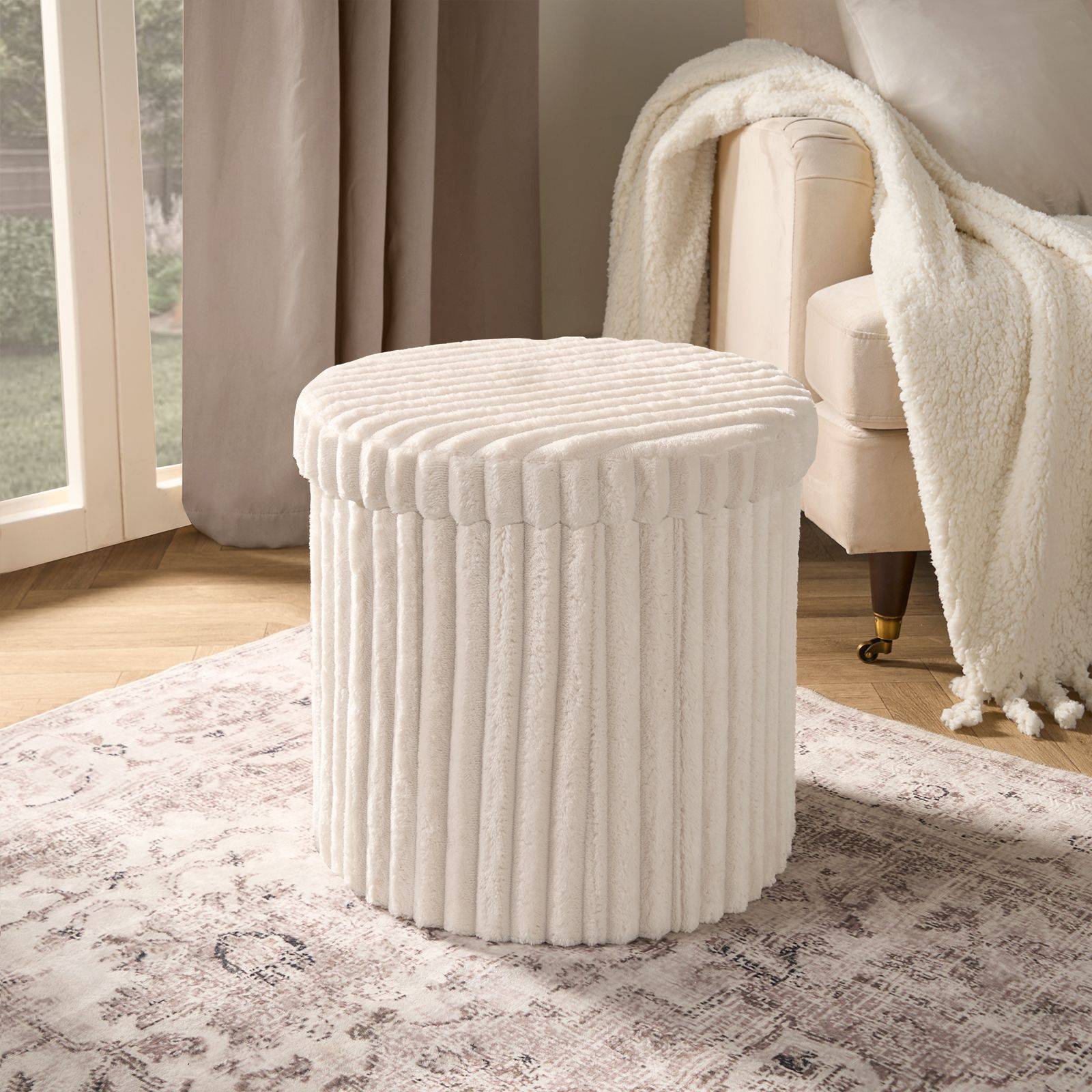OHS Ribbed Foldable Round Storage Box Lid Pouffe