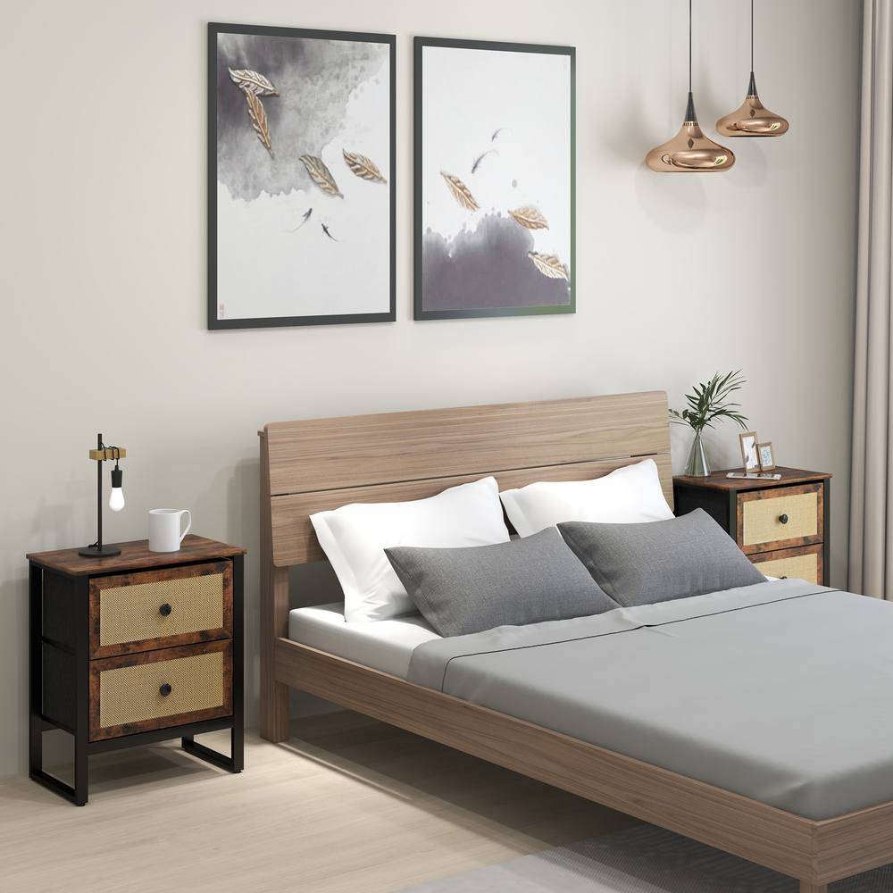 Homcom Rattan Drawers Steel Legs Bedside Table 2pcs
