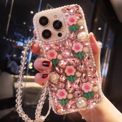 Shein Rhinestone Flower Phone Case With Chain