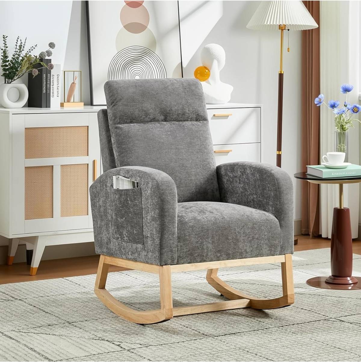 Nursery chair Gaomon Modern Nursery Rocking Chair Wood Legs Side Pocket Rocking Chair