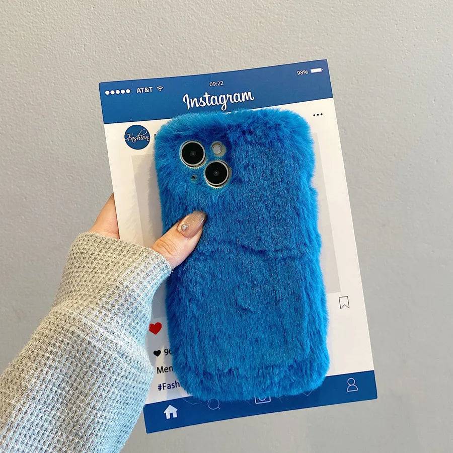 Iphone 15 e Pure Color Phone Case For Apple 17Pro Plush-Blue Rabbit Fur