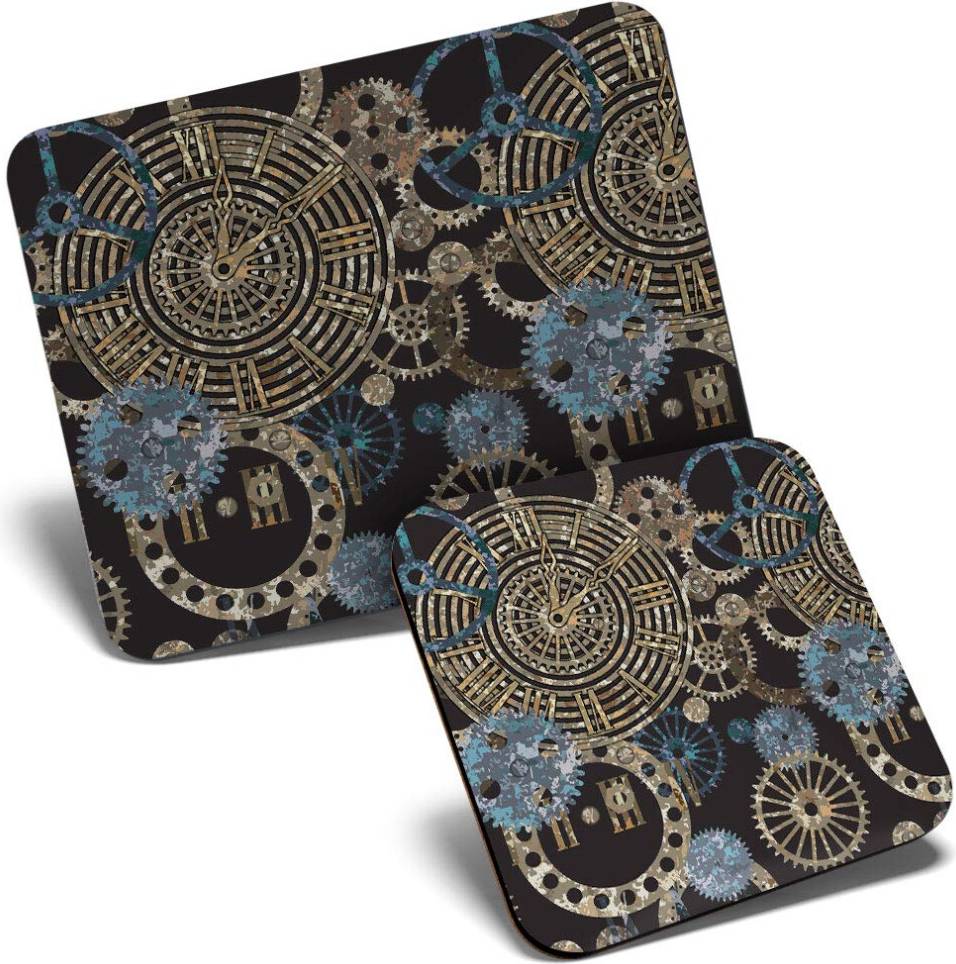 Destination Vinyl Steampunk Gears Pattern Mouse Mat Coaster Set