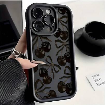 Shein Black Bow Ribbon Matte Cherry Pattern Case
