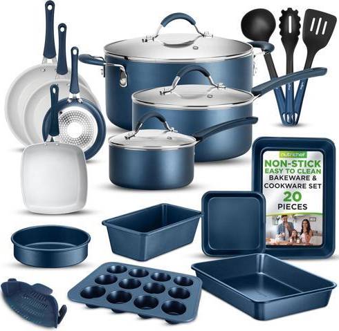 NutriChef Professional 20 Pc Kitchen Navy Blue Cookware Set