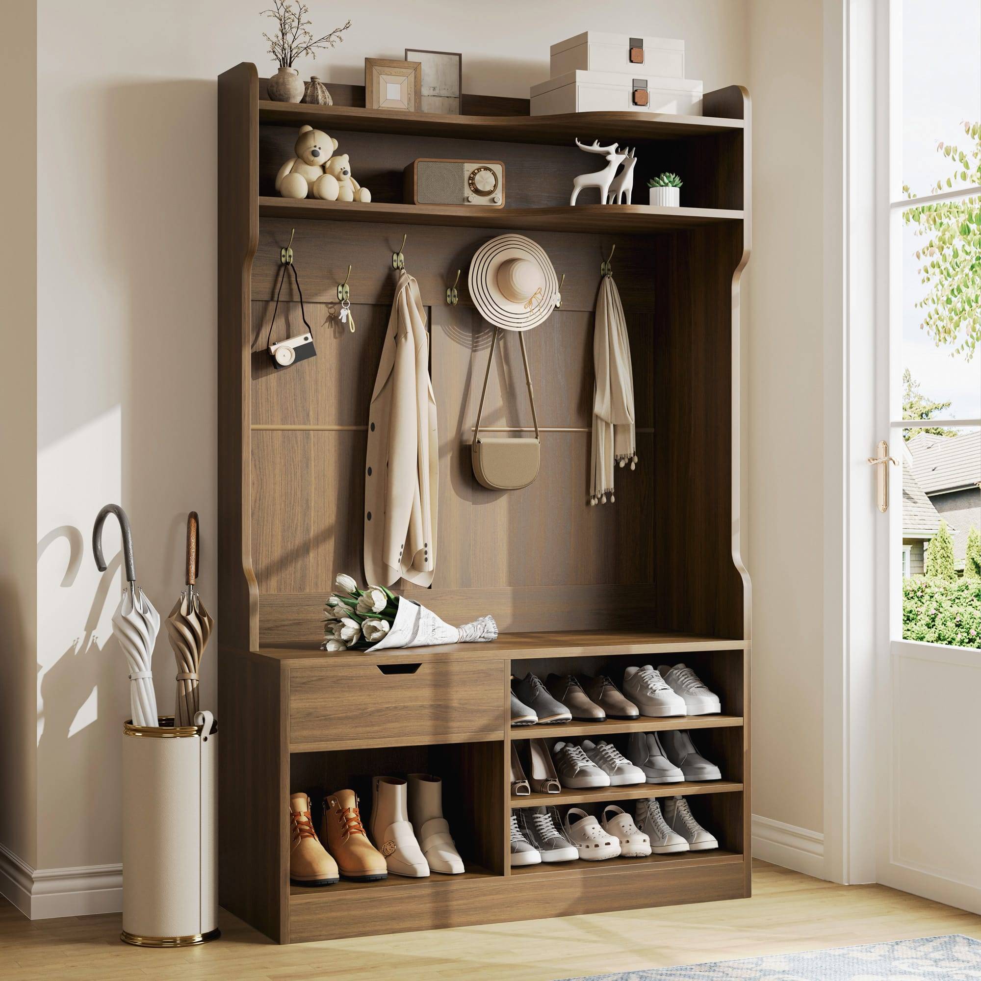 Shoe bench with storage anysun 5-in-1 Hall Tree with Bench Storage Shoe Rack